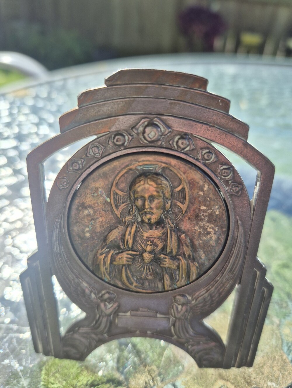 Antique French Deco Religious Plaque- Stamped Depose Made In France
